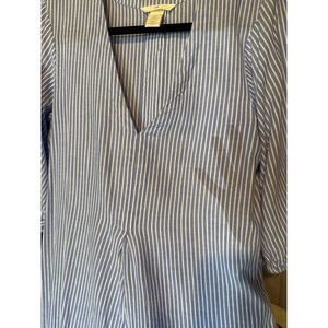 Cotton H&M Blue and White Stripe 100% Cotton Midi Dress with V Neck Size S